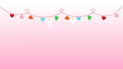 Two cute angels, colorful hearts hanging on a red garland on a pink transparent background