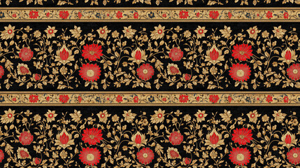 Elegant seamless pattern featuring intricate Mughal artwork with traditional Indian motifs and an antique gold border ideal for textile and wallpaper design