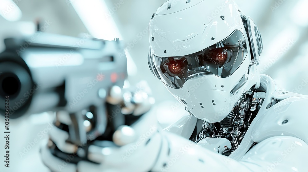 Poster a robotic figure with a futuristic firearm stands ready in a sci-fi environment, merging technology 
