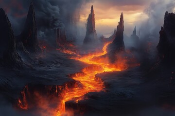Intense molten lava rivers amidst dark, cracked rock formations