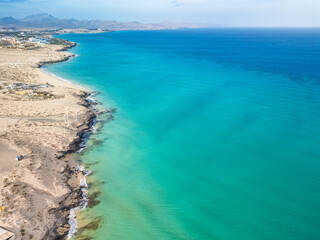 Aerial drone view of the beach of Sotavento, Fuerteventura, Canary Island, Spain