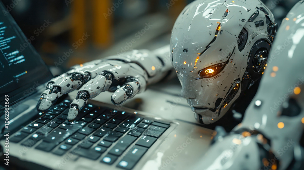 Poster close-up of robot hands typing on a laptop keyboard