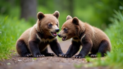 Obraz premium A heartwarming scene of two grizzly cubs exploring the forest, their playful nature reflected in their joyful expressions.