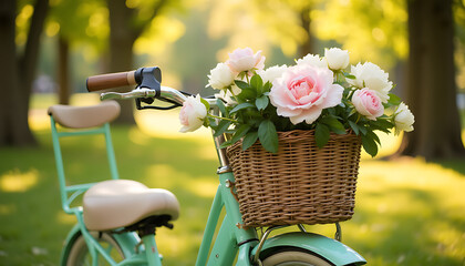 Bicycle with Flower Basket in Sunlit Park 
