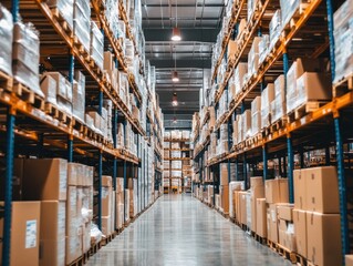 Long exposure of a modern warehouse interior, highlighting tall shelves laden with boxes, creating a sense of motion and scale.