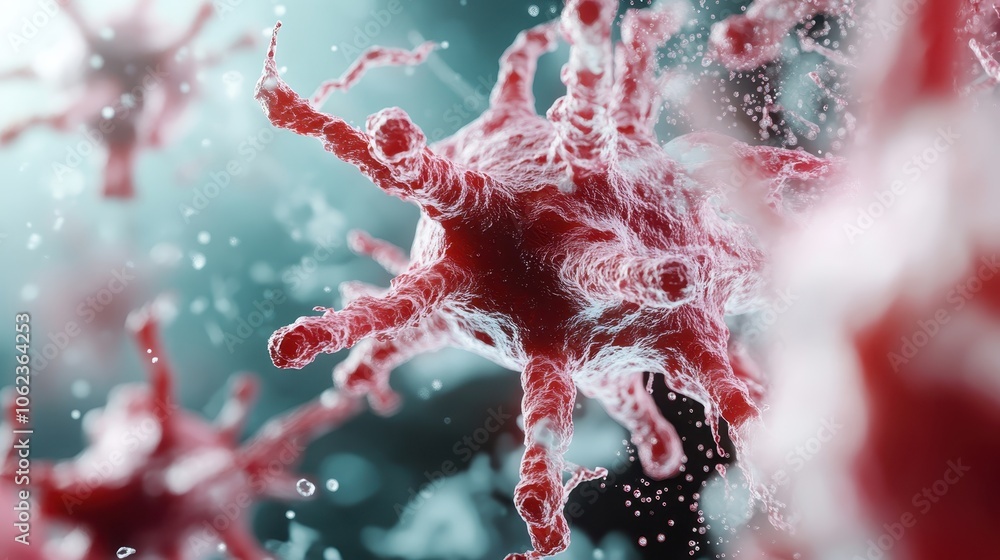 Poster intricate red cell structure in sharp focus, highlighting its complex network of branches, possibly 