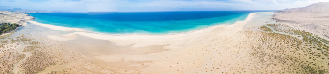 Aerial drone view of the beach of Sotavento, Fuerteventura, Canary Island, Spain