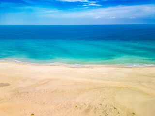 Aerial drone view of the beach of Sotavento, Fuerteventura, Canary Island, Spain