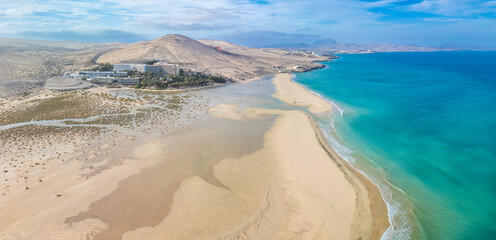 Aerial drone view of the beach of Sotavento, Fuerteventura, Canary Island, Spain