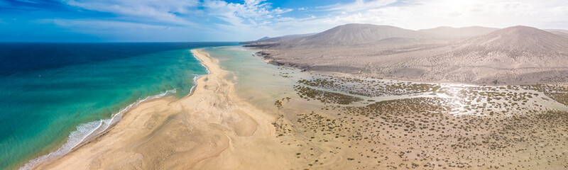 Aerial drone view of the beach of Sotavento, Fuerteventura, Canary Island, Spain