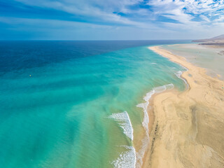Aerial drone view of the beach of Sotavento, Fuerteventura, Canary Island, Spain