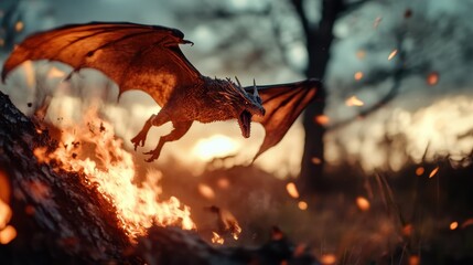 In an epic fantasy setting, a fierce dragon breathes fire while soaring through a fiery landscape, displaying power and dramatic intensity under a moody sky.