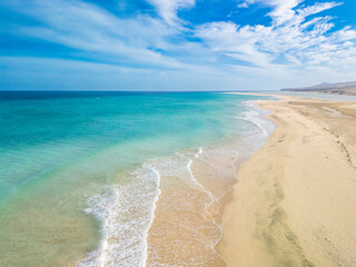 Aerial drone view of the beach of Sotavento, Fuerteventura, Canary Island, Spain