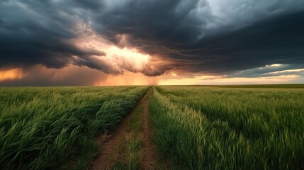 Obraz premium A striking image of a lush green field under a dramatic sky, with dark storm clouds approaching from the horizon, casting a moody atmosphere across the landscape.