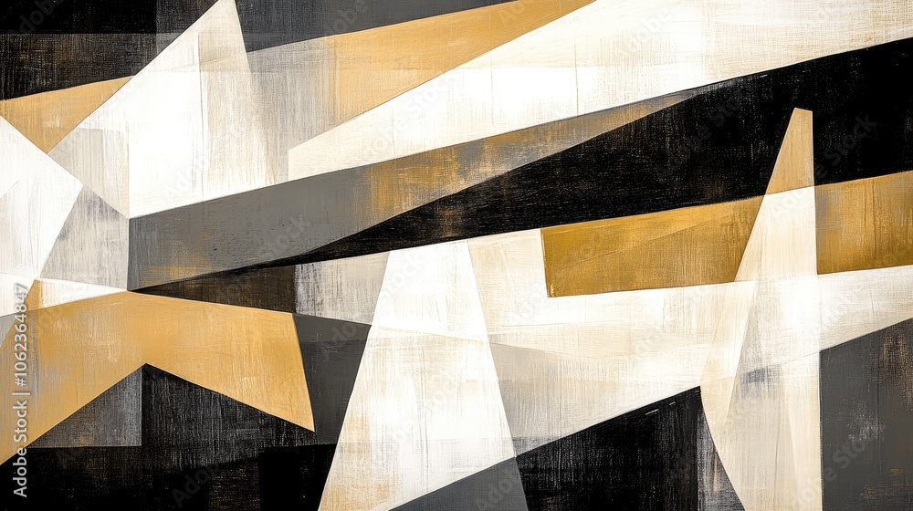 Poster a dynamic composition features angular shapes in white, gold, and black, creating a striking contras