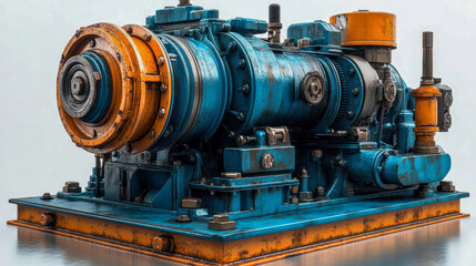 Fototapeta premium An old, weathered industrial machine or motor with rusted components and faded blue and orange colors, displaying vintage engineering
