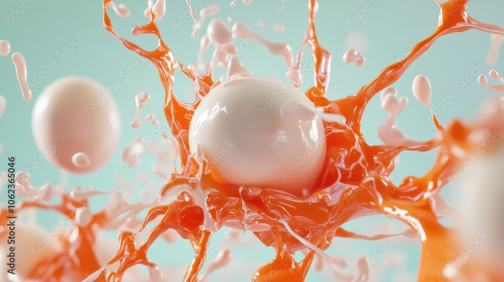 Poster a dynamic and vibrant image features an explosion of orange liquid splashing around a suspended whit