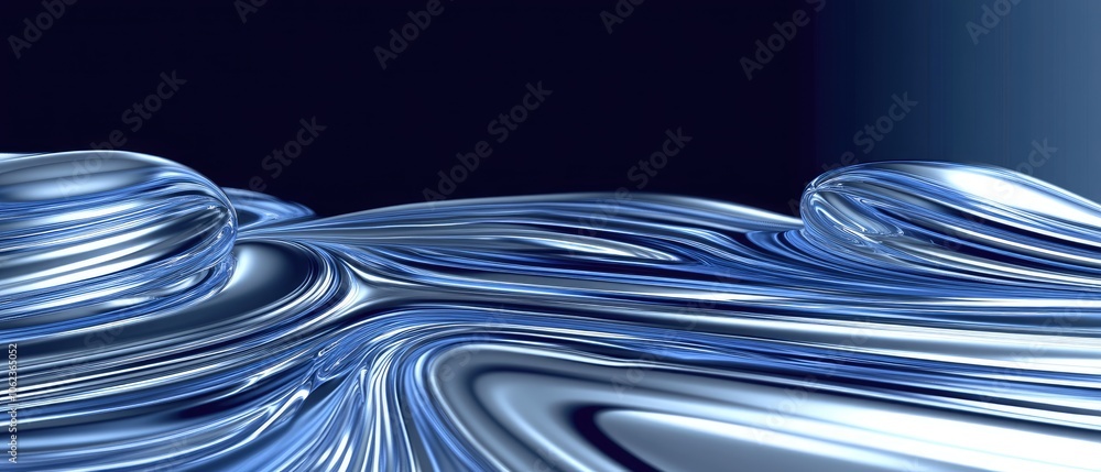Poster a blue and silver abstract image of waves flowing with light reflections. the image has a dark backg