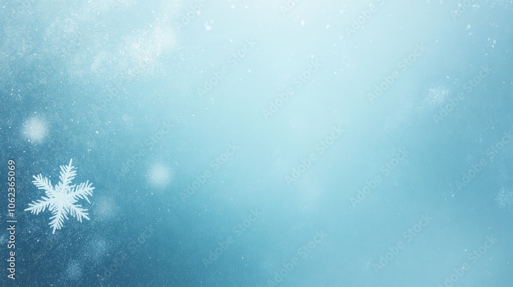 Poster a single white snowflake falls against a backdrop of soft blue. the snowflake is in focus, while the