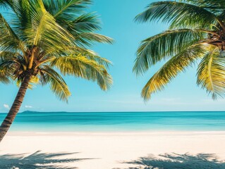 Fototapeta premium A stunning tropical beach scene with vibrant turquoise waters and clear skies, framed by lush palm trees.