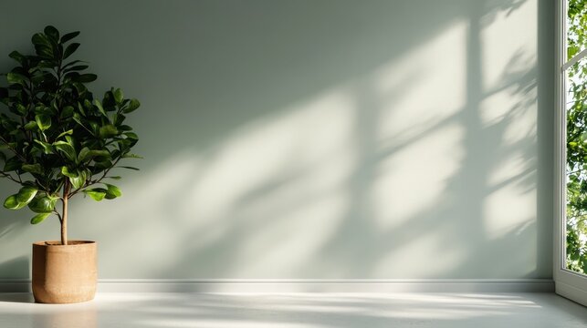A sunlit minimalistic interior featuring a large potted green plant, embodying serenity and the refreshing aesthetics of nature-driven interior design.