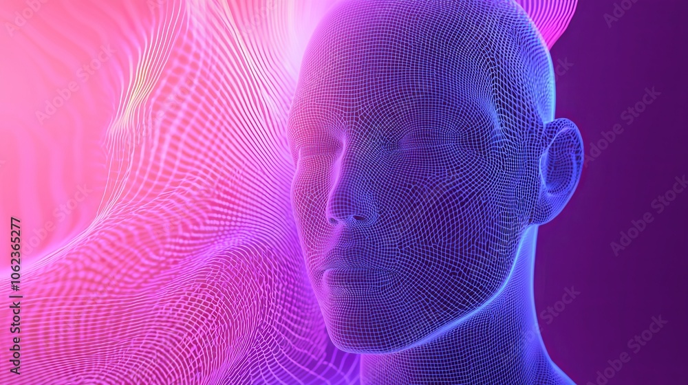 Poster a computer generated image of a face with a purple background. the face is made up of many small squ