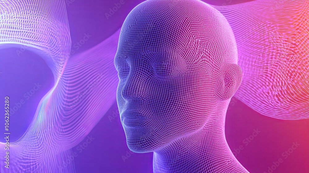 Poster a computer generated image of a face with a purple background. the face is made up of many small squ