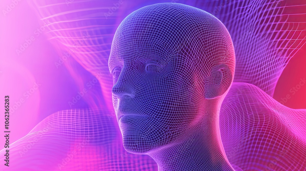 Poster a computer generated image of a face with a purple background. the face is made up of many small squ