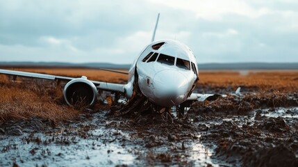 An airplane lies tilted and ruined in a desolate marshy wasteland, depicting a grim scene of stillness and despair amidst harsh, untouched natural surroundings.