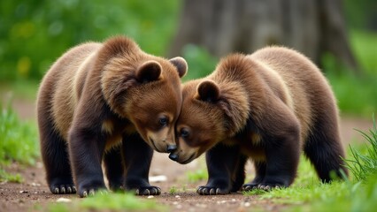 Fototapeta premium A charming photograph of two grizzly cubs tumbling over each other, embodying the spirit of childhood play.