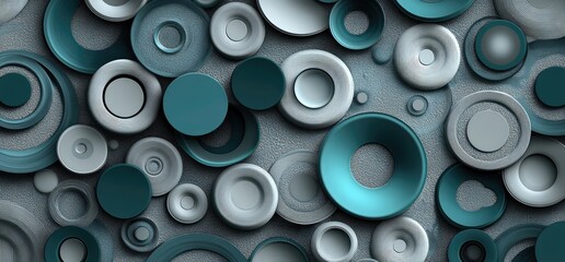 This artwork features a collection of abstract circular designs in a range of teal and gray tones set against a winter-themed textured backdrop, creating a visually striking composition