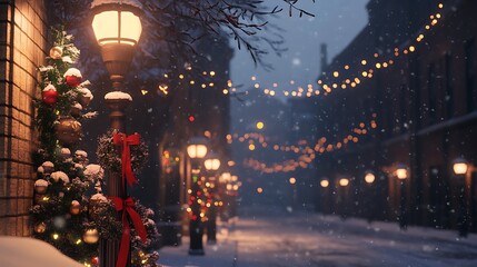 Snowy street with decorated lampposts