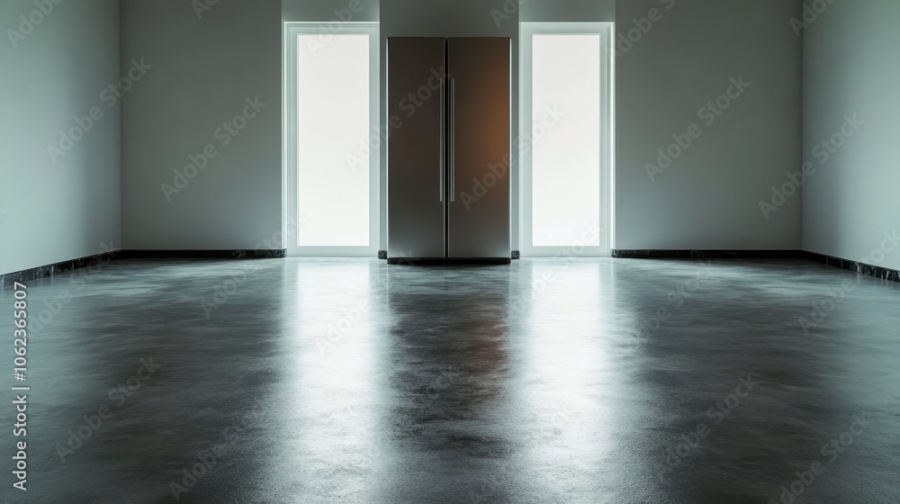 Poster a lone refrigerator stands centered between two illuminated windows, casting a stark shadow across t
