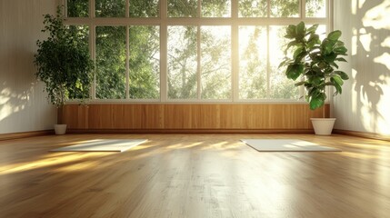 This bright yoga room with wooden floors features two yoga mats and lush plants near expansive windows, allowing abundant sunlight for a tranquil practice setting.