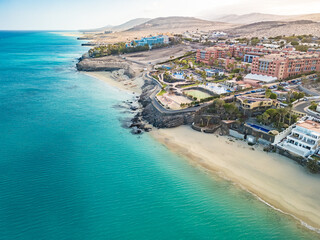 Aerial drone view of Costa Calma beach during the sunset,Fuerteventura, Canary Islands