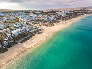 Aerial drone view of Costa Calma beach during the sunset,Fuerteventura, Canary Islands