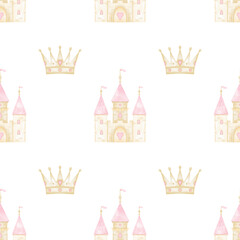 castle, crown. Watercolor seamless pattern on white background in pastel colors. Cute girly illustration for textiles and wrapping paper. Little princess