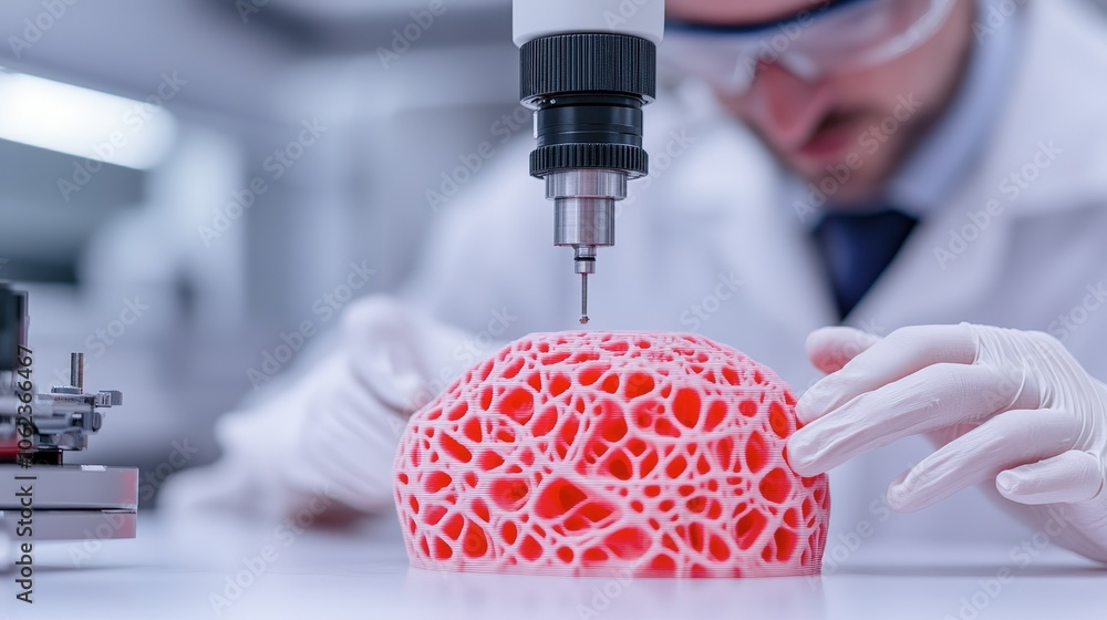 Poster person examining a 3d printed object in a lab environment