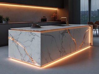 A modern kitchen island with a marble granite counter is illuminated by warm, ambient lighting. The design is sleek and contemporary, creating a luxurious feel.