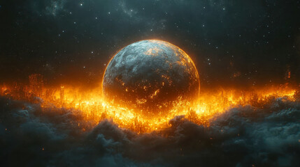Obraz premium Imaginary glowing planet surrounded by a fiery cityscape under a starry sky, creating a surreal apocalyptic feel