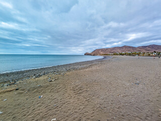 Aerial drone view of Las Playitas fishing town and the beach, Fuerteventura, Canary Islands