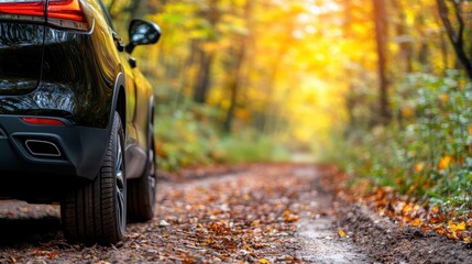 A sleek car driving on a leafy forest trail, immersed in vibrant autumn colors with the sun illuminating the scene, representing journey and connection with nature.