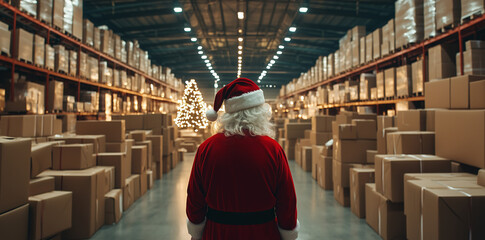 
Santa Claus stands in a large warehouse filled with cardboard boxes. 