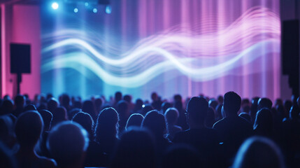 Speakers Hovering Above an Audience, Their Words Projecting as Glowing Waves Across the Room 