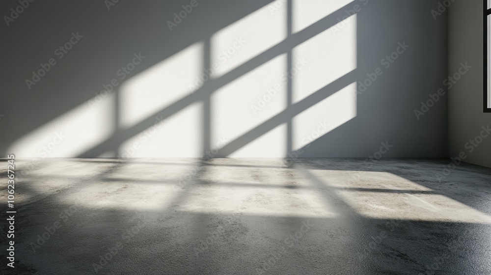 Poster a simple and uncluttered empty room with sunlight streaming through large windows, creating striking