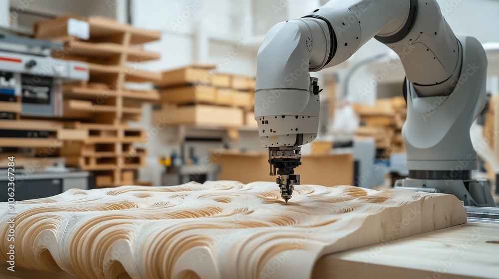 Aufkleber Robotic arm carving intricate patterns into a piece of wood in a workshop.