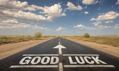 The word GOOD LUCK written in the middle of an empty desert road