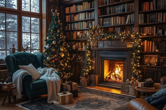 Cozy Christmas library featuring towering bookshelves and frosty leather-bound books