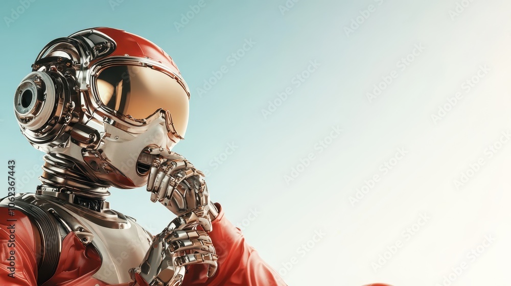 Poster a shiny humanoid robot in a red suit and reflective helmet poses thoughtfully against a gradient bac