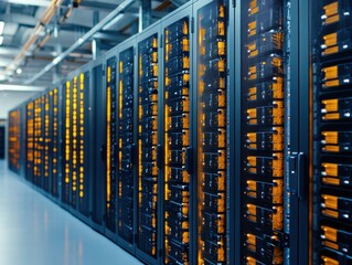 A modern server room filled with rows of network switches and neatly organized internet cables, illuminated by ambient lighting.